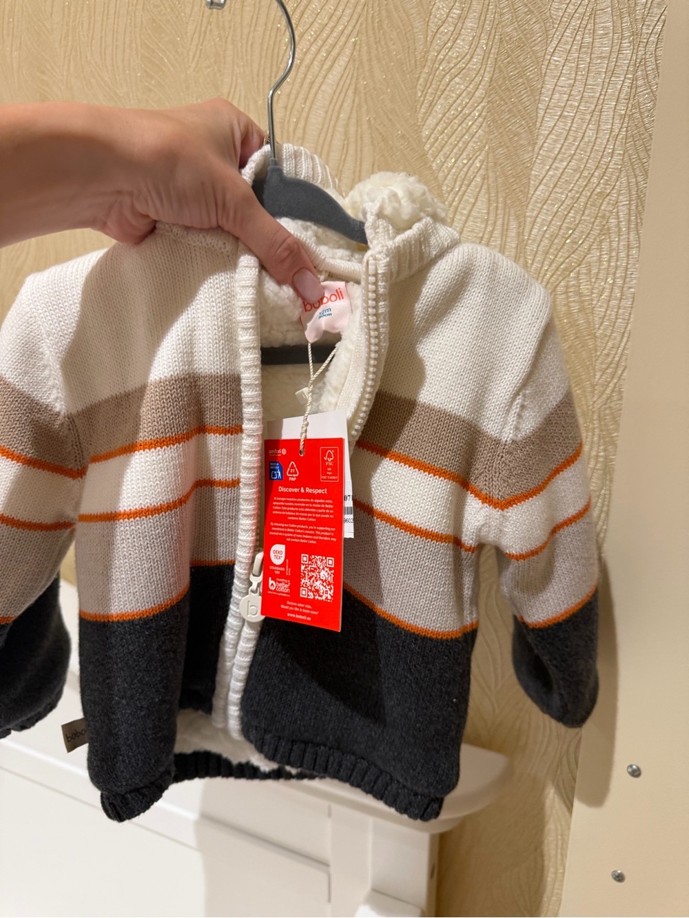 Cream, Tan, Dark Gray & Orange Striped Hooded Jacket